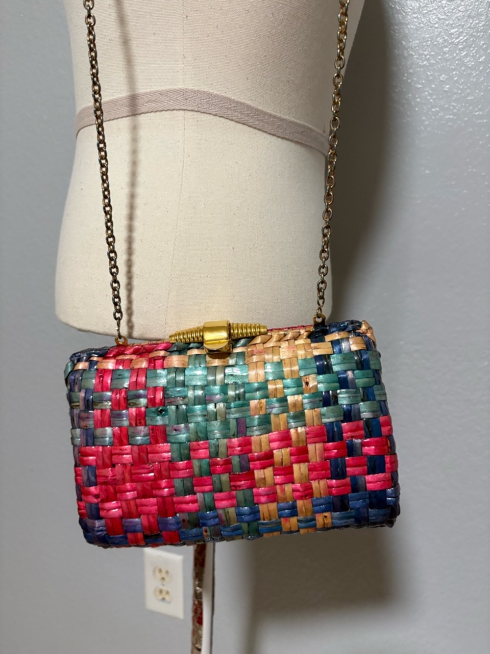 Neiman Marcus Multicolor Woven Clutch with Gold Chain